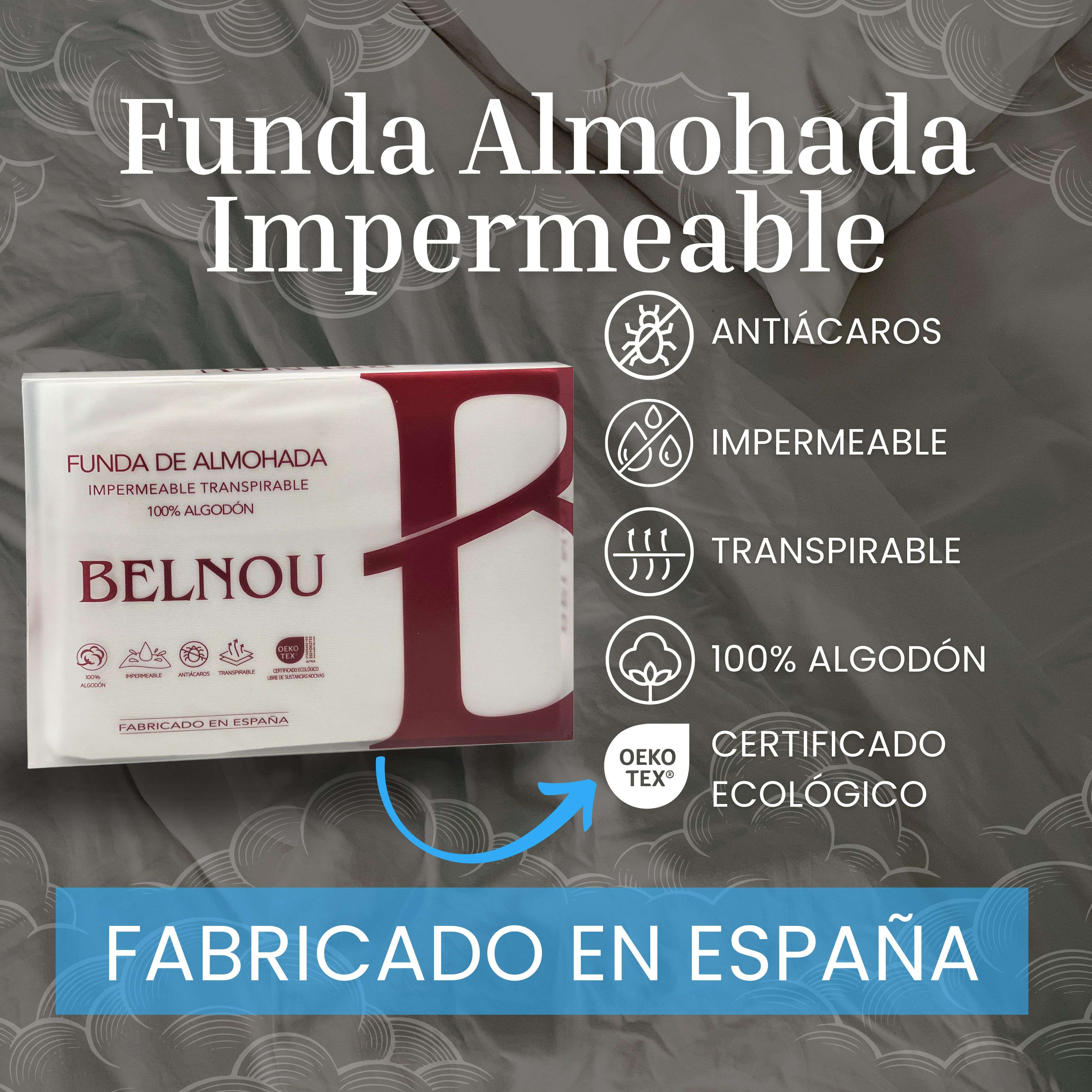 Funda de almohada con texto que indica que es impermeable, transpirable y 100% algodón.