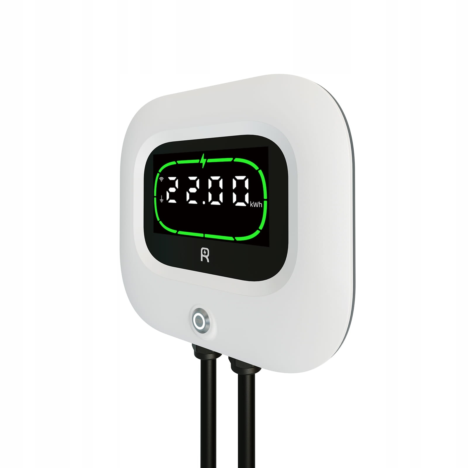 Biała stacja ładowania wyświetla 22,00 kWh na cyfrowym ekranie.