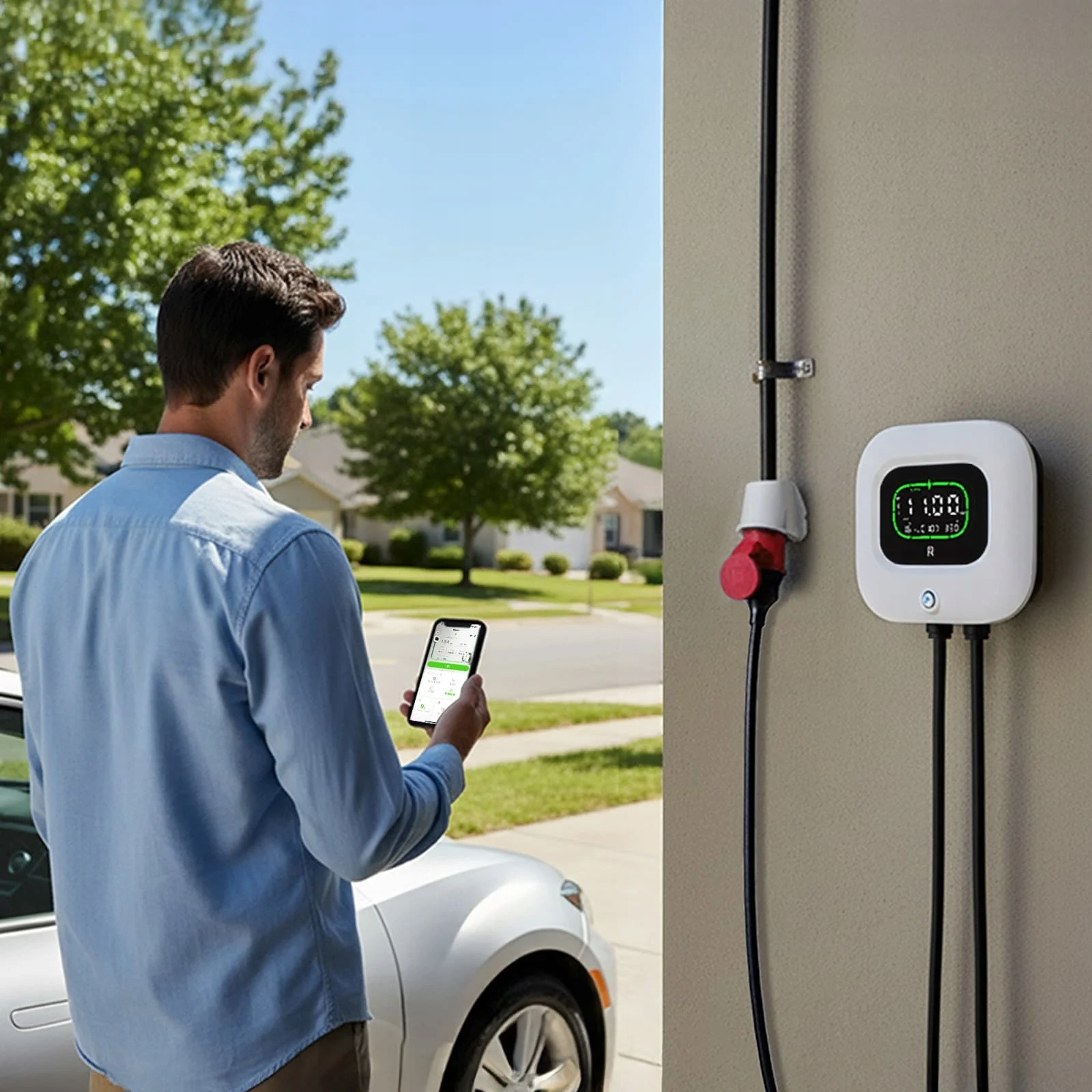 Mężczyzna ze smartfonem obok samochodu elektrycznego; stacja ładowania na ścianie z wyświetlaczem.
