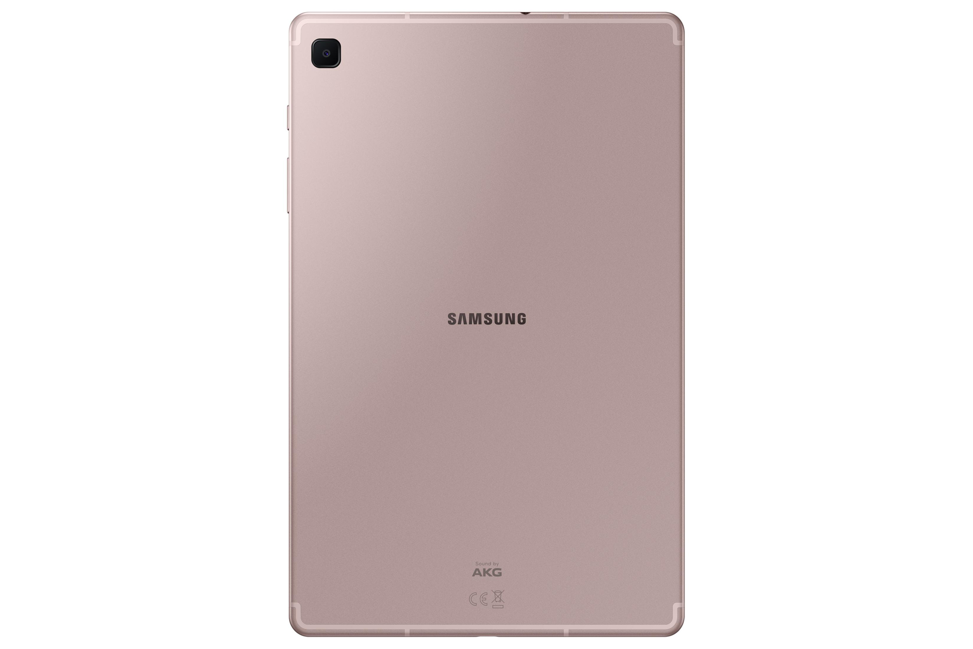 Kamera ve logoları olan gül altın rengi Samsung tabletin arkası.