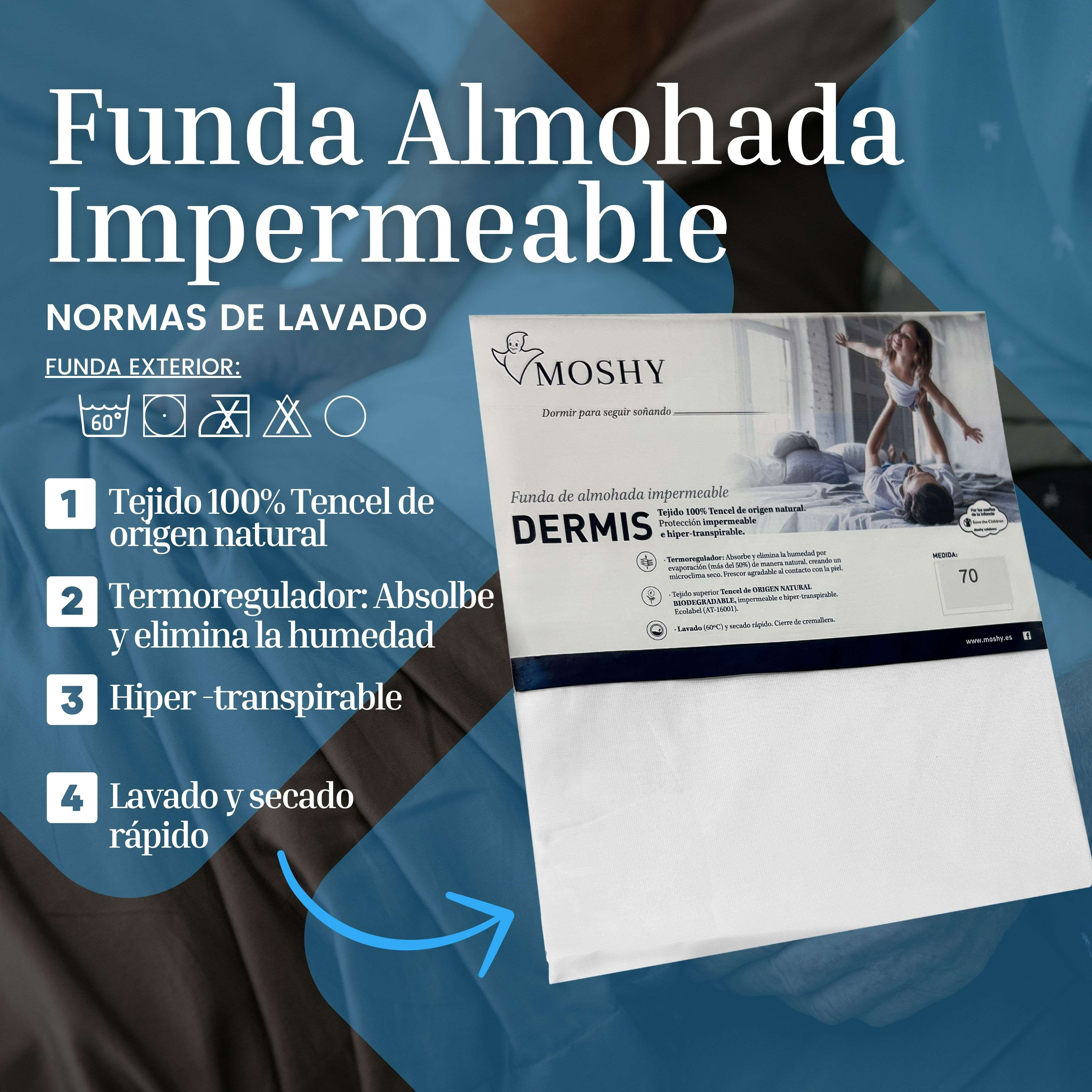 Funda de almohada impermeable Moshy de Tencel 100%. Incluye normas de lavado.