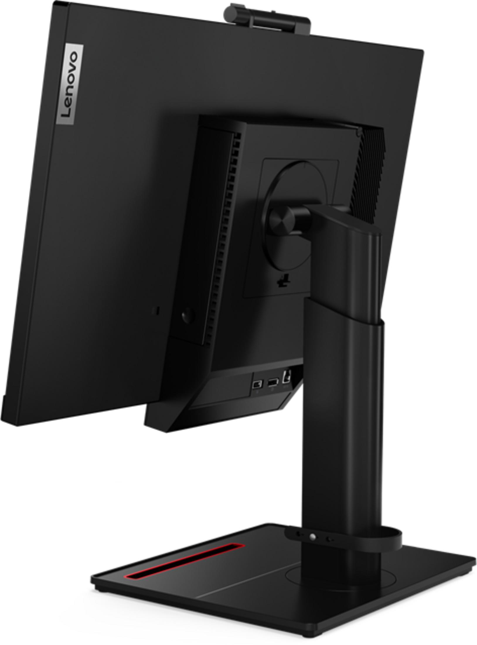 Rückansicht eines schwarzen Lenovo Monitors mit silbernem Logo und verschiedenen Anschlüssen.
