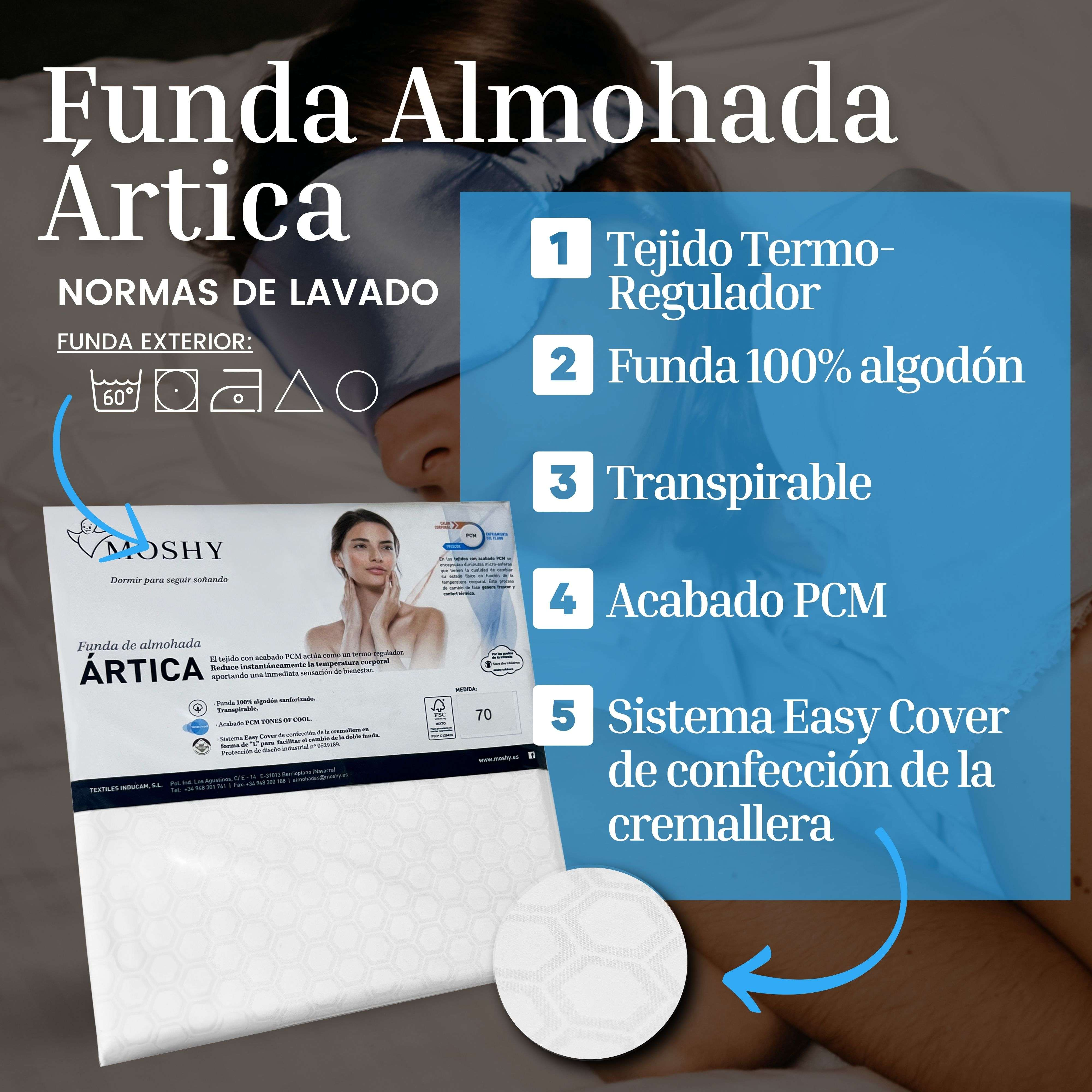 Funda de almohada con lista de características: 1. Termoregulador. 2. 100% algodón. 3. Transpirable. 4. Acabado PCM. 5. Cremallera Easy Cover.