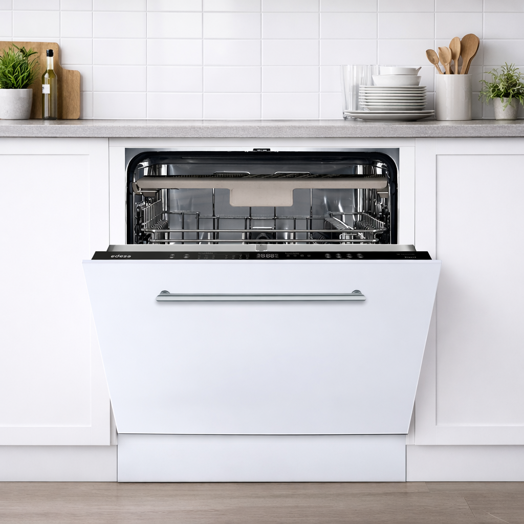 Un lavavajillas blanco con la puerta abierta en una cocina moderna.