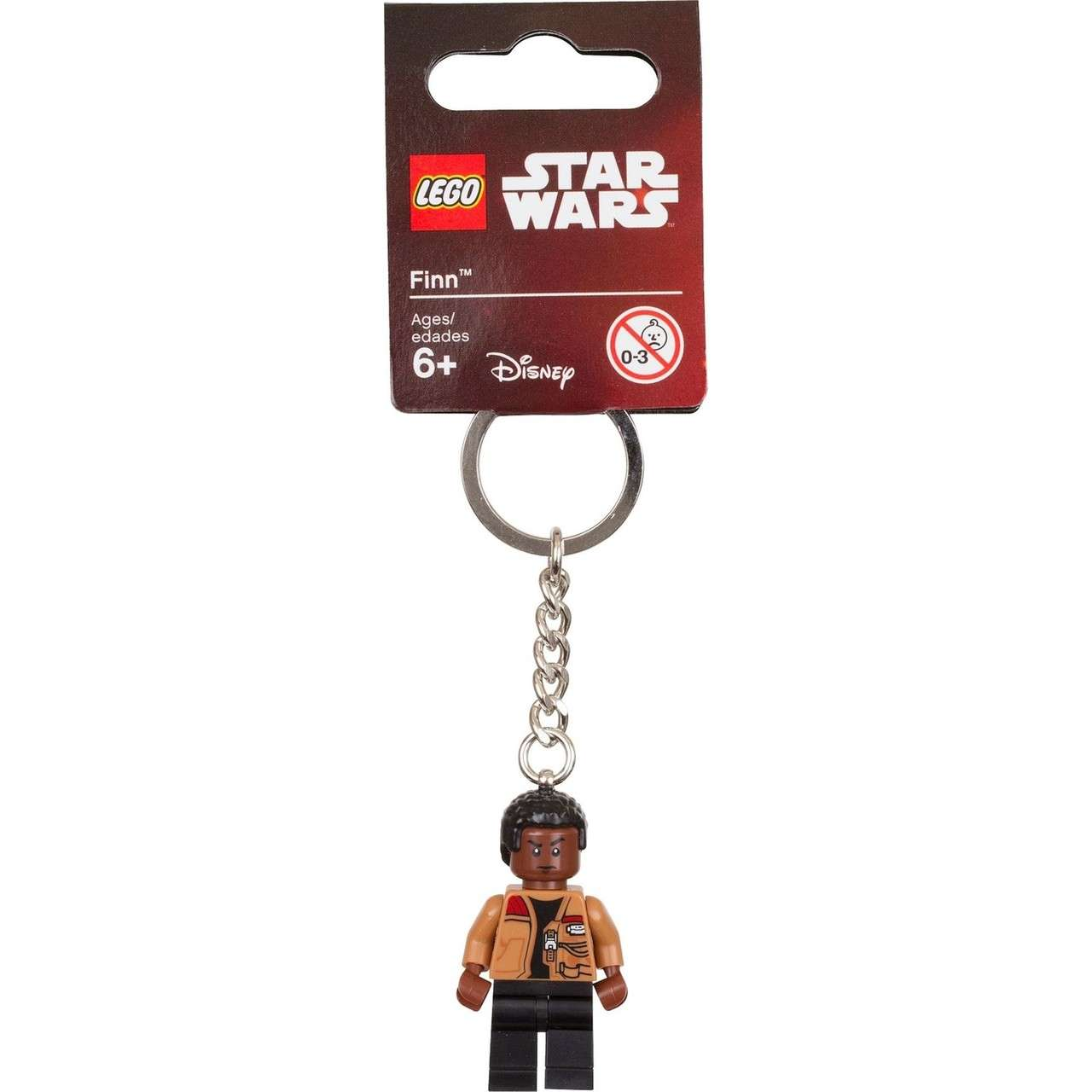 Kahverengi saçlı ve turuncu-kahverengi yelekli Lego Star Wars Finn anahtarlığı.
