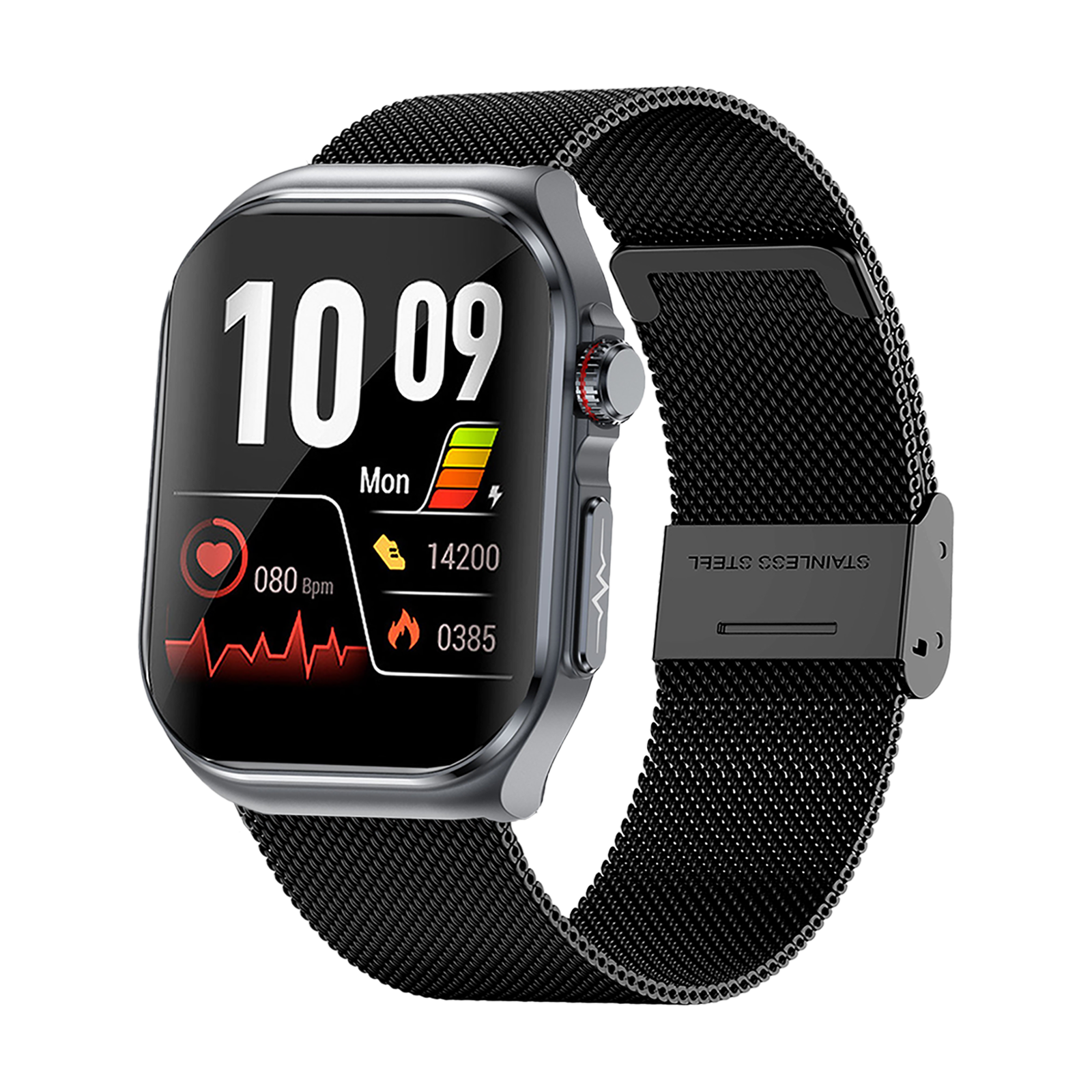 Eine schwarze Smartwatch mit silbernem Gehäuse und Mesh-Armband.
