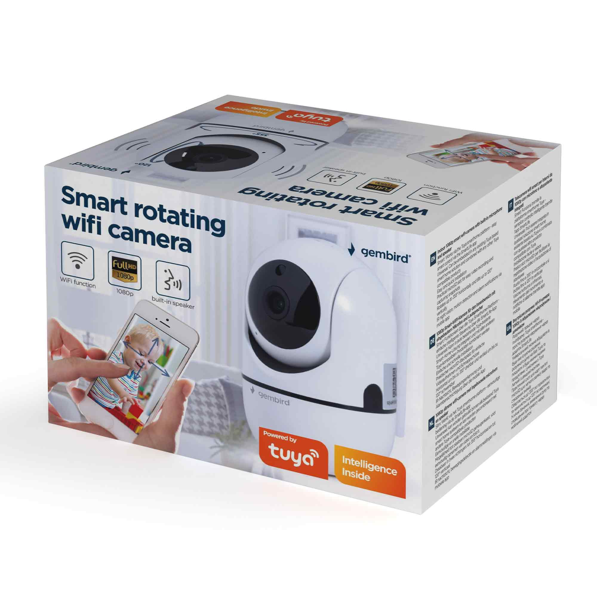 Pudełko obrotowej kamery Wi-Fi, pokazujące kamerę, ekran telefonu i ikony funkcji.