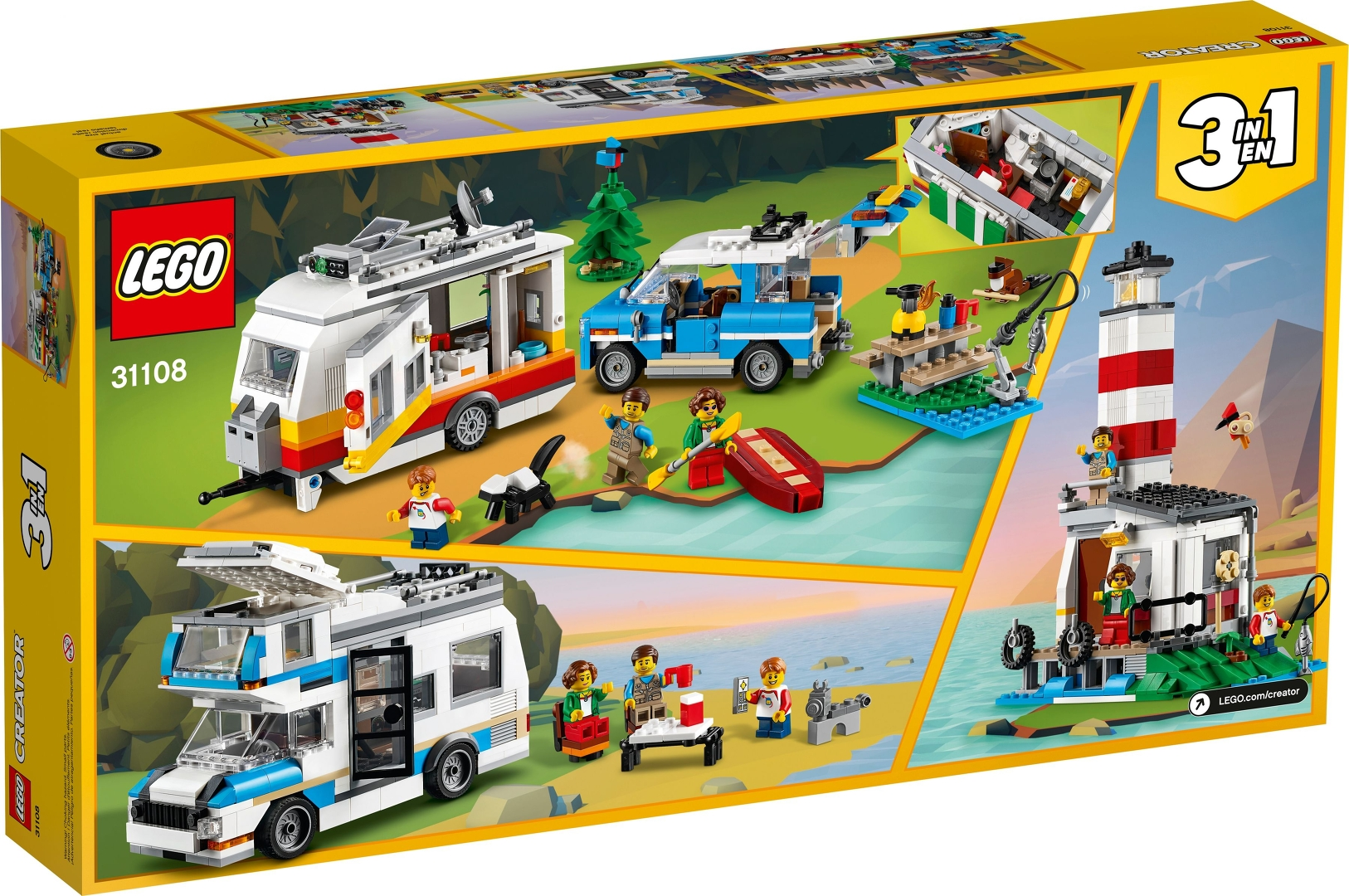 Lego Creator 3-in-1 Set mit Wohnmobil, Boot und Leuchtturm Szenen.