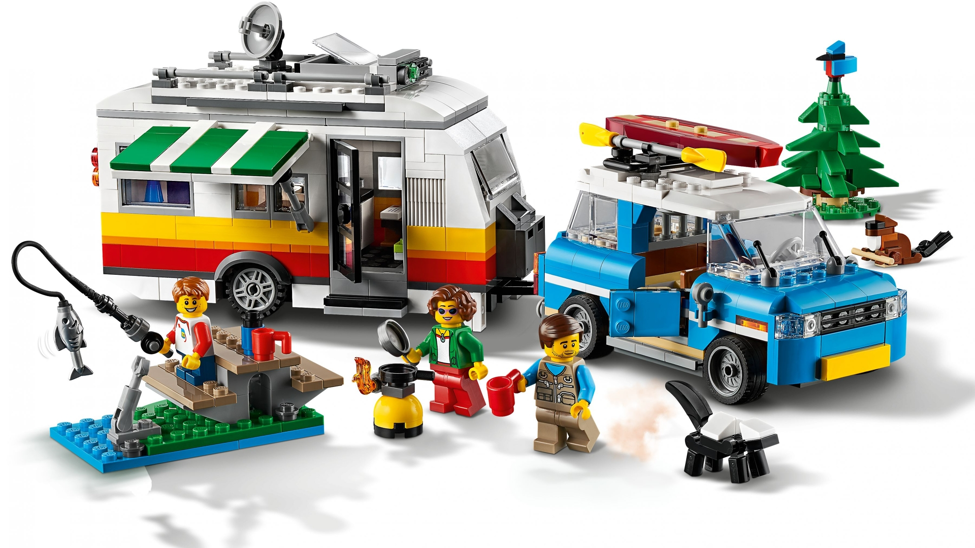 Lego-Camping: Wohnmobil, Wohnwagen, Figuren, Angel, Baum, Eichhörnchen, Skunk.