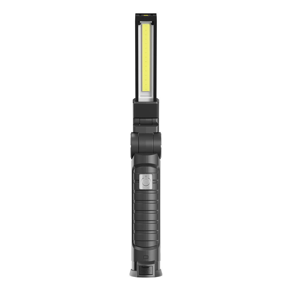 Czarna lampa robocza LED z obrotową głowicą i przyciskiem zasilania.