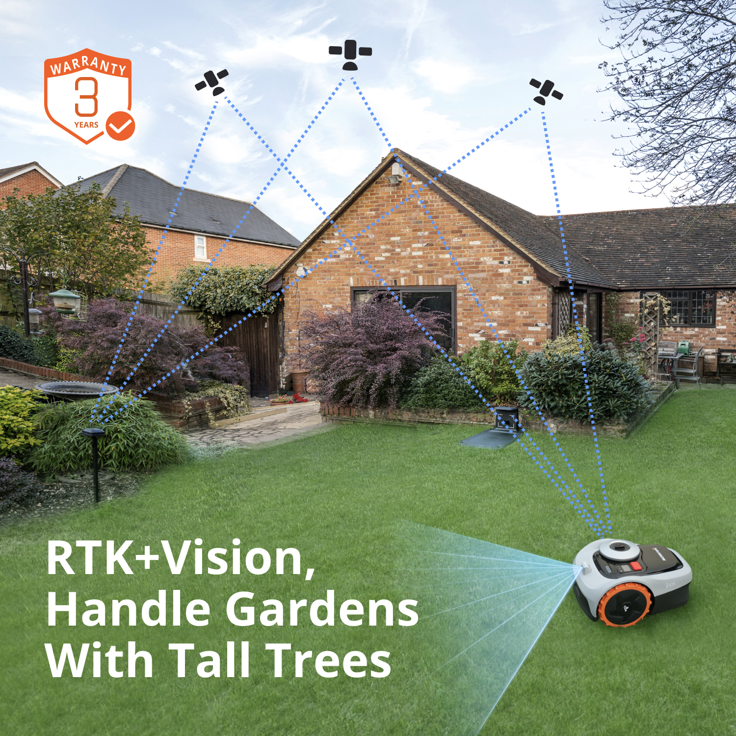 Robot koszący z technologią RTK+Vision na trawniku przy domu, satelity na niebie.