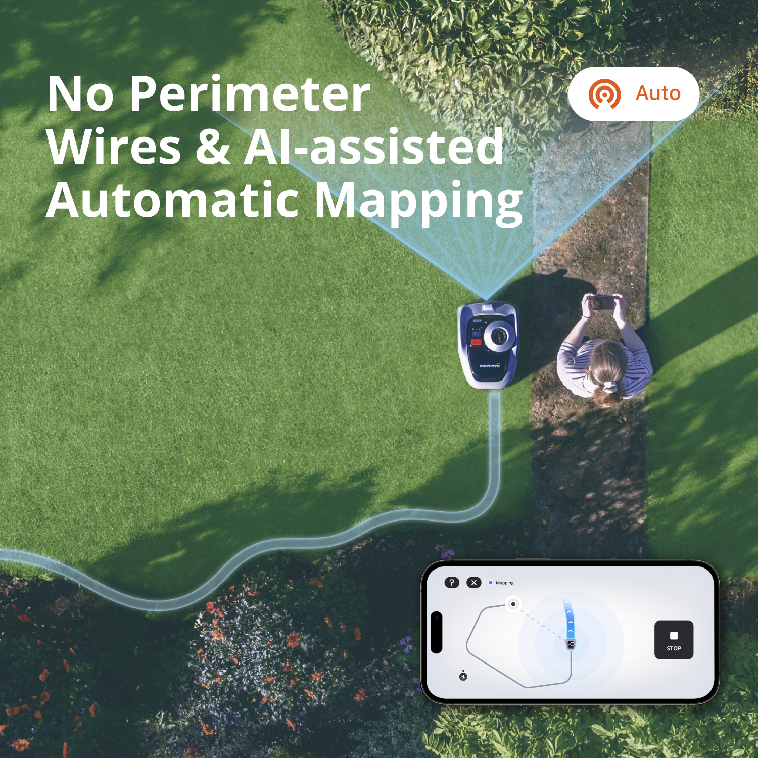 Robot koszący mapuje trawnik, sterowany przez aplikację na smartfonie, z tekstem o mapowaniu AI.