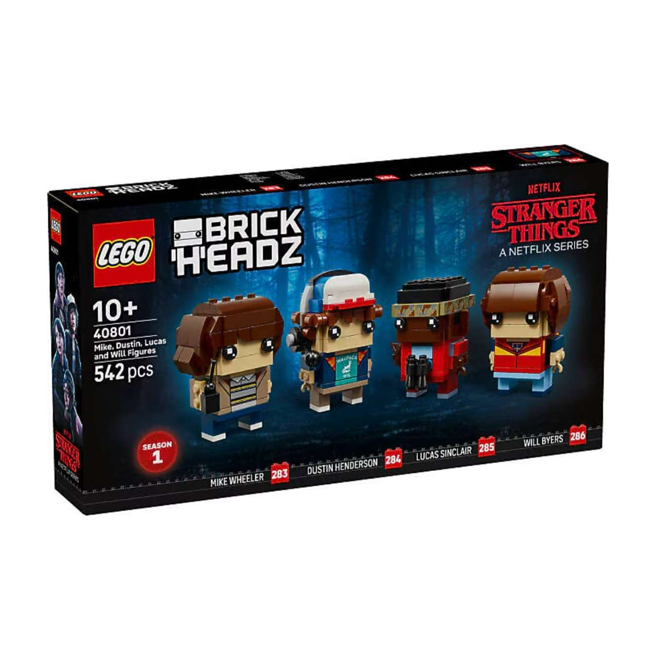 Dört figürlü LEGO BrickHeadz Stranger Things kutusu: Mike, Dustin, Lucas, Will.