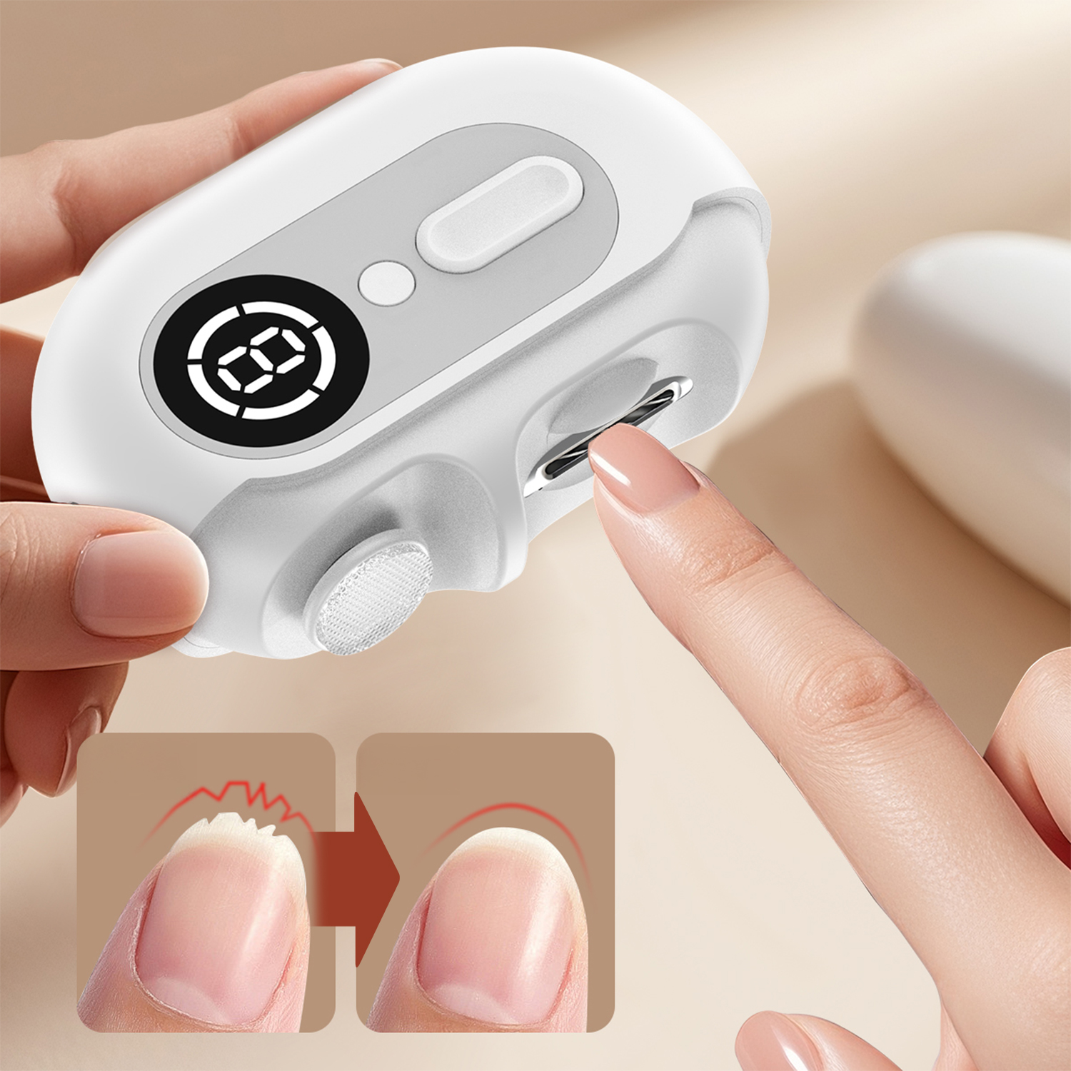 Lima per unghie bianca con display digitale che mostra un bordo unghia frastagliato prima e dopo il trattamento.