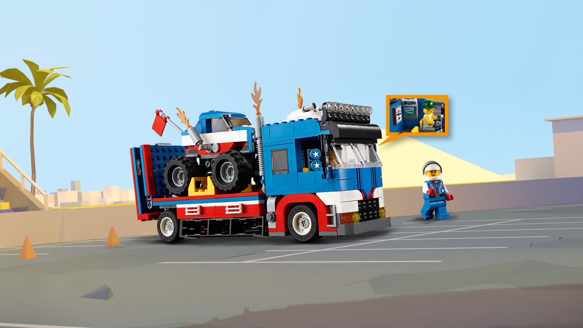 Un camion piatto blu e rosso trasporta un monster truck.