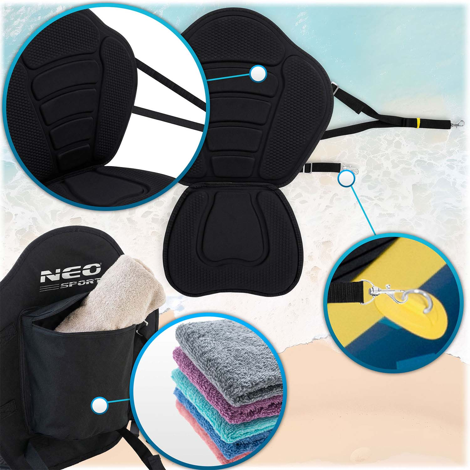 Czarny fotel kajakowy z wyściółką, paskami i haczykami, obok ręczników na plaży.