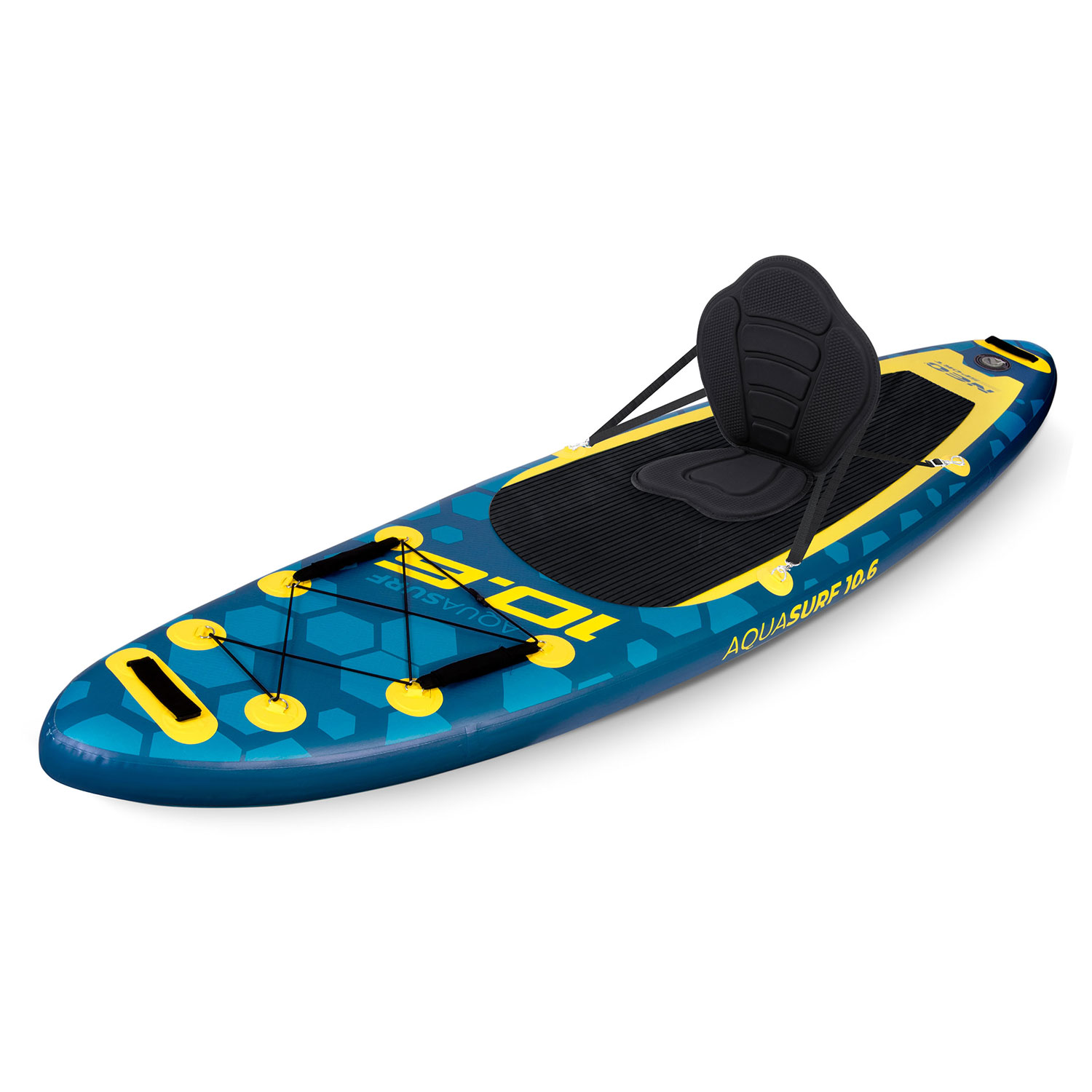 Niebieski paddleboard z żółtymi akcentami i przymocowanym czarnym siedzeniem.