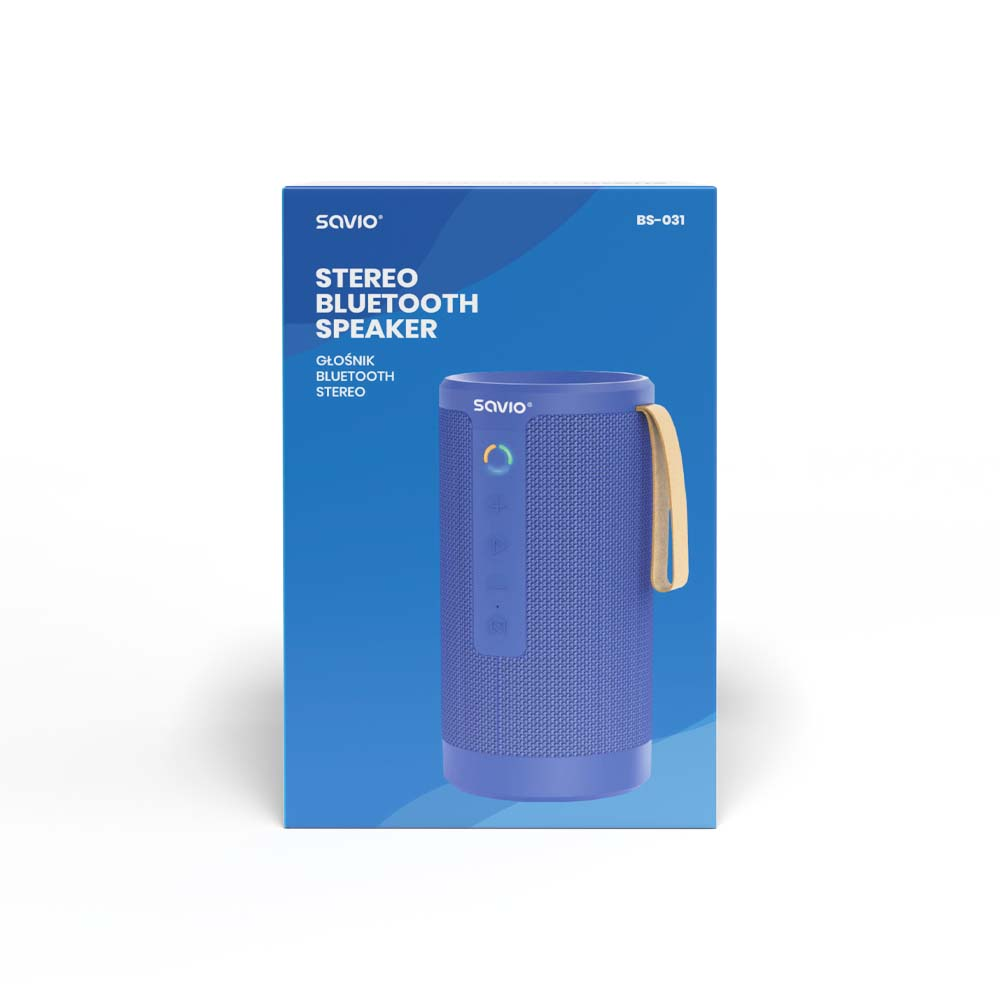 Niebieski głośnik Bluetooth stereo Savio BS-031 z uchwytem na opakowaniu.