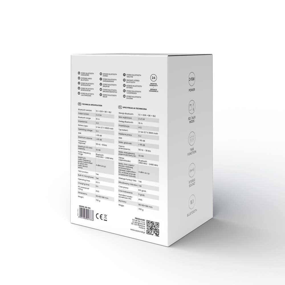 Opakowanie czarnego głośnika Bluetooth ze specyfikacjami technicznymi.