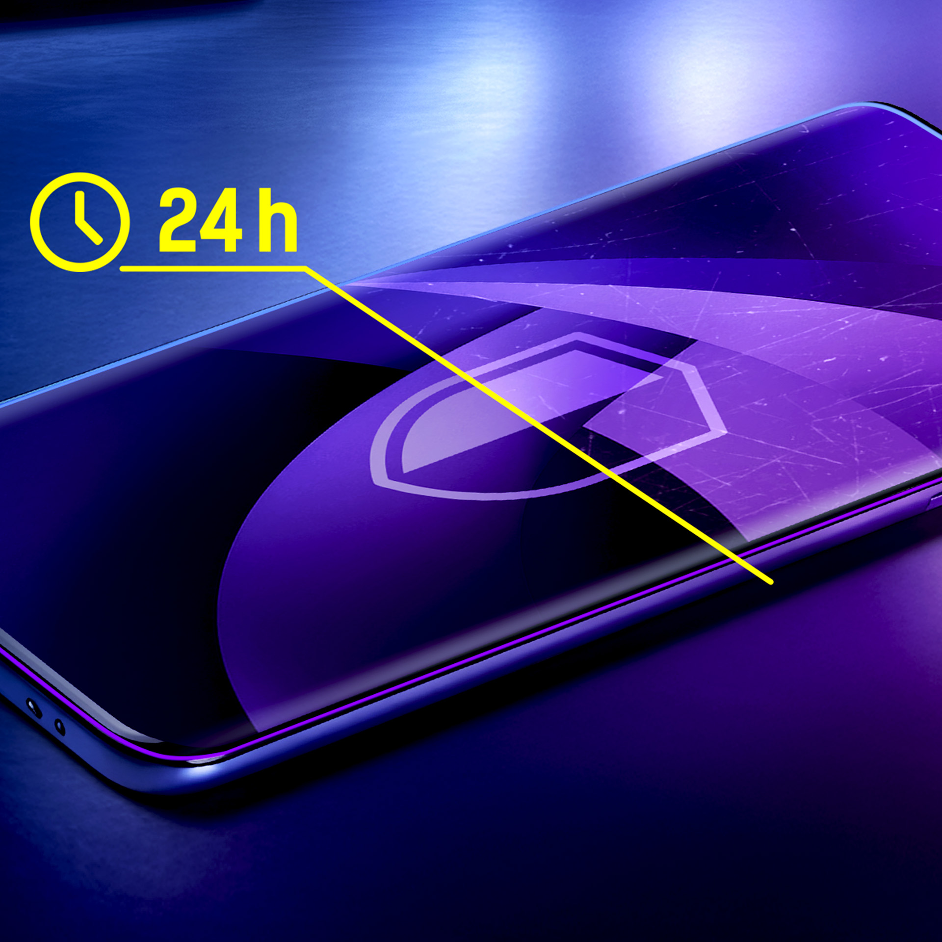 Smartfon wyświetla ikonę tarczy i żółty napis '24h'.