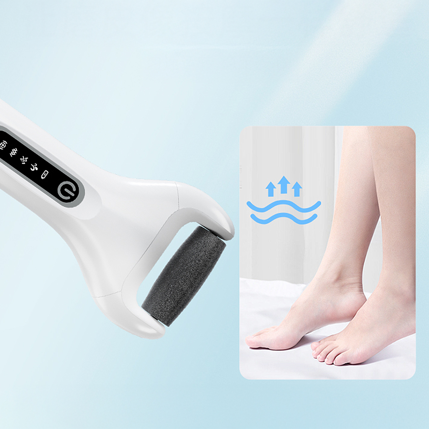 Rimuovi calli elettrico bianco con rullo nero e piede con frecce blu.