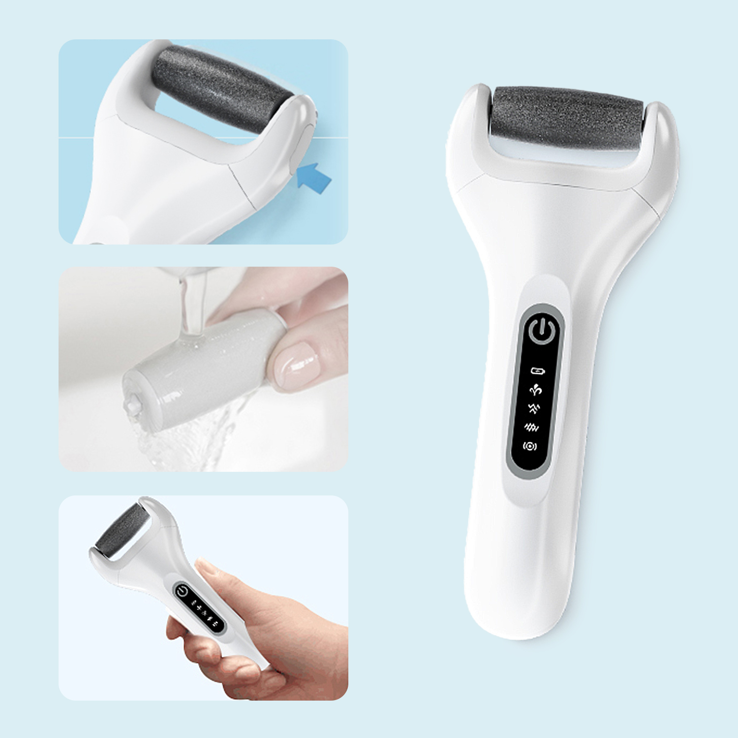 Un esfoliatore elettrico bianco con testina a rullo nera, mostrato su sfondo blu.