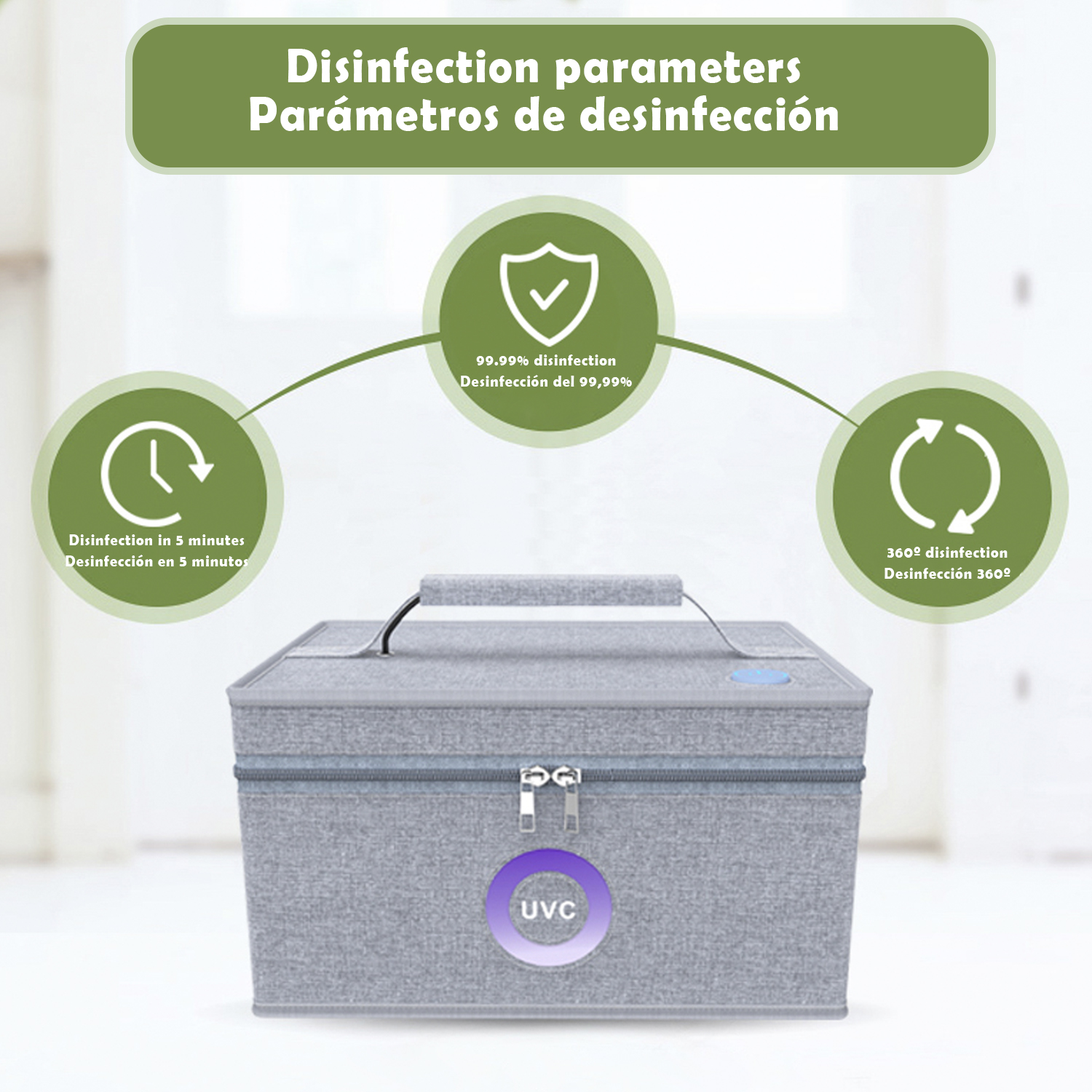 Caja de desinfección UVC gris con iconos para 5 min, 99.99% y desinfección 360°.