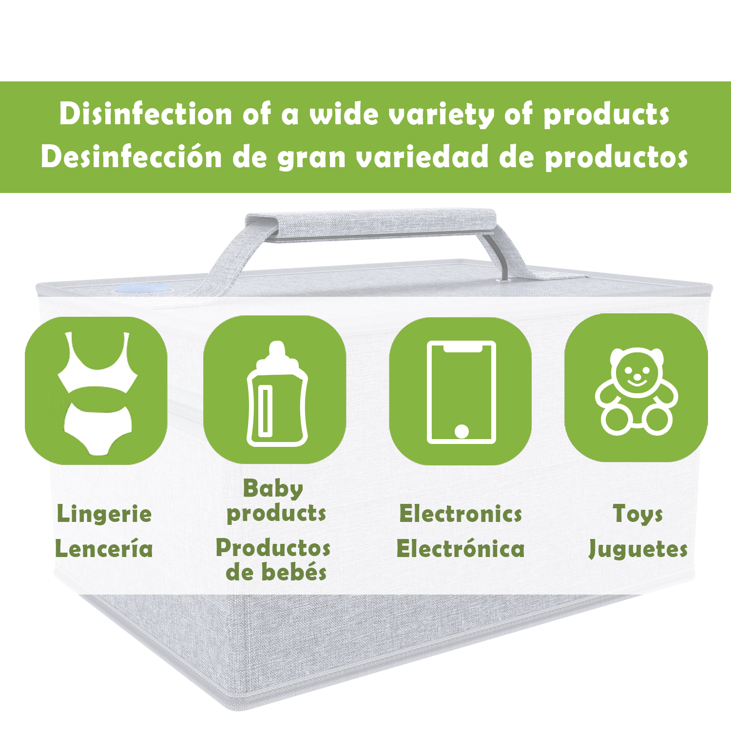 Caja de desinfección con iconos de lencería, productos para bebés, electrónica y juguetes.