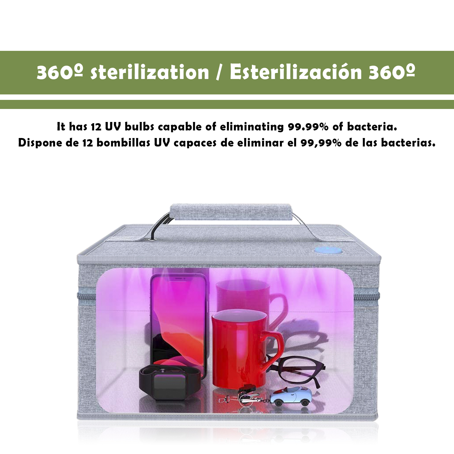 Caja esterilizadora con teléfono, taza, reloj, gafas y coche de juguete.