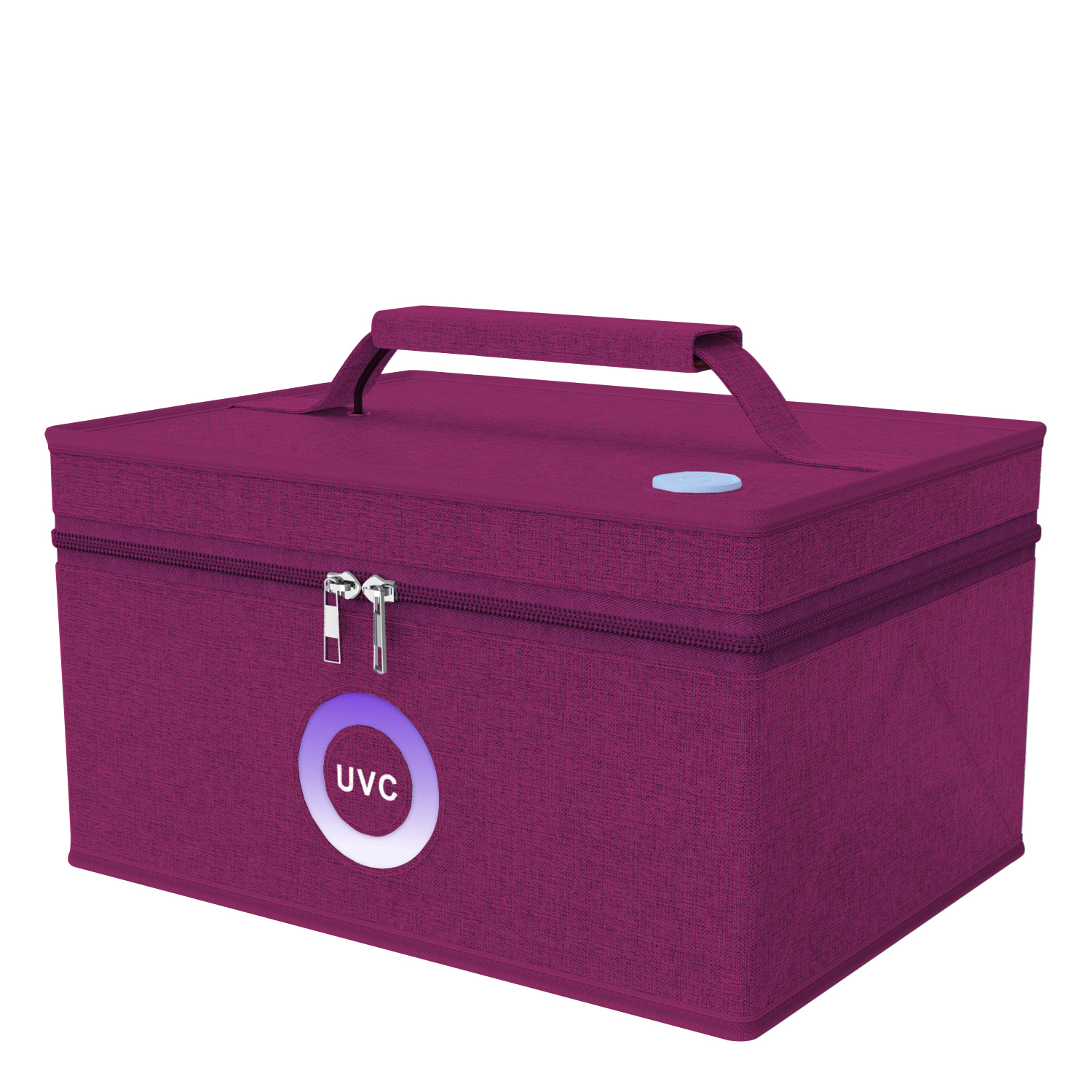 Una caja morada con asa y cremallera, con símbolo UVC.