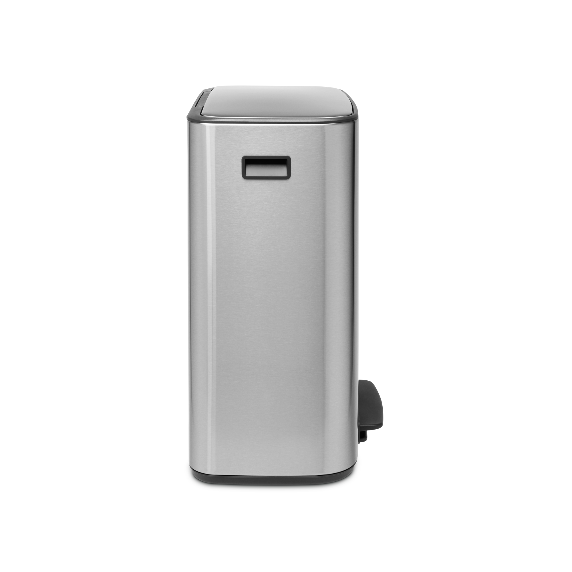 A rectangular silver step trash can stands on a white background.