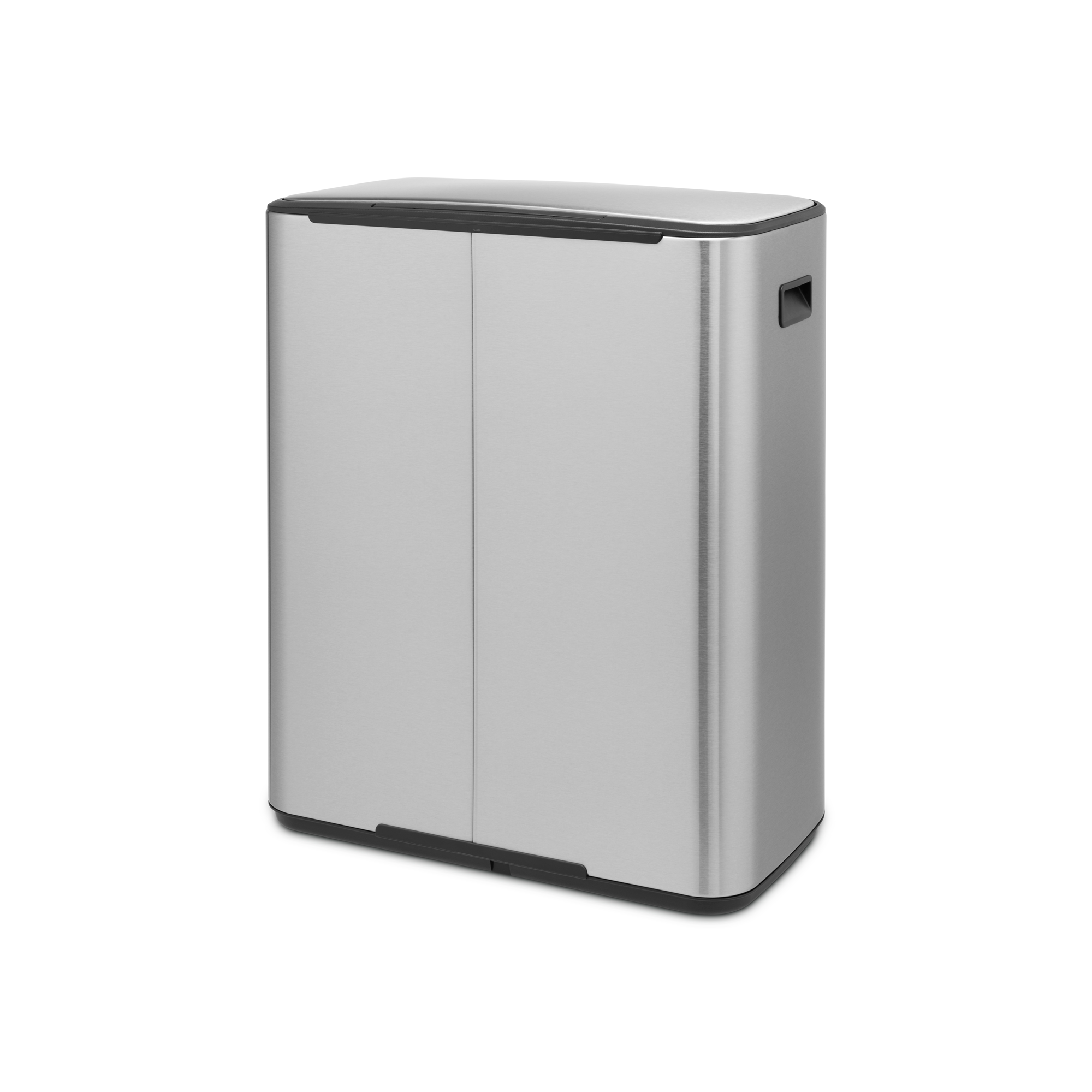 A silver, two-compartment trash can with black handles, isolated on a white background.
