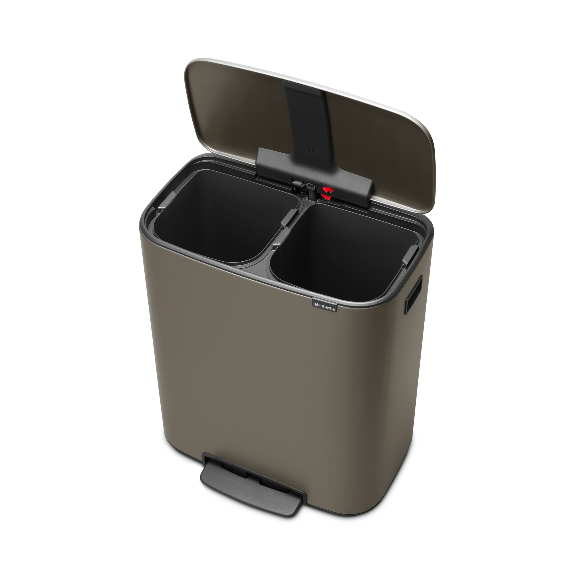A grey dual-compartment pedal bin with its lid open.
