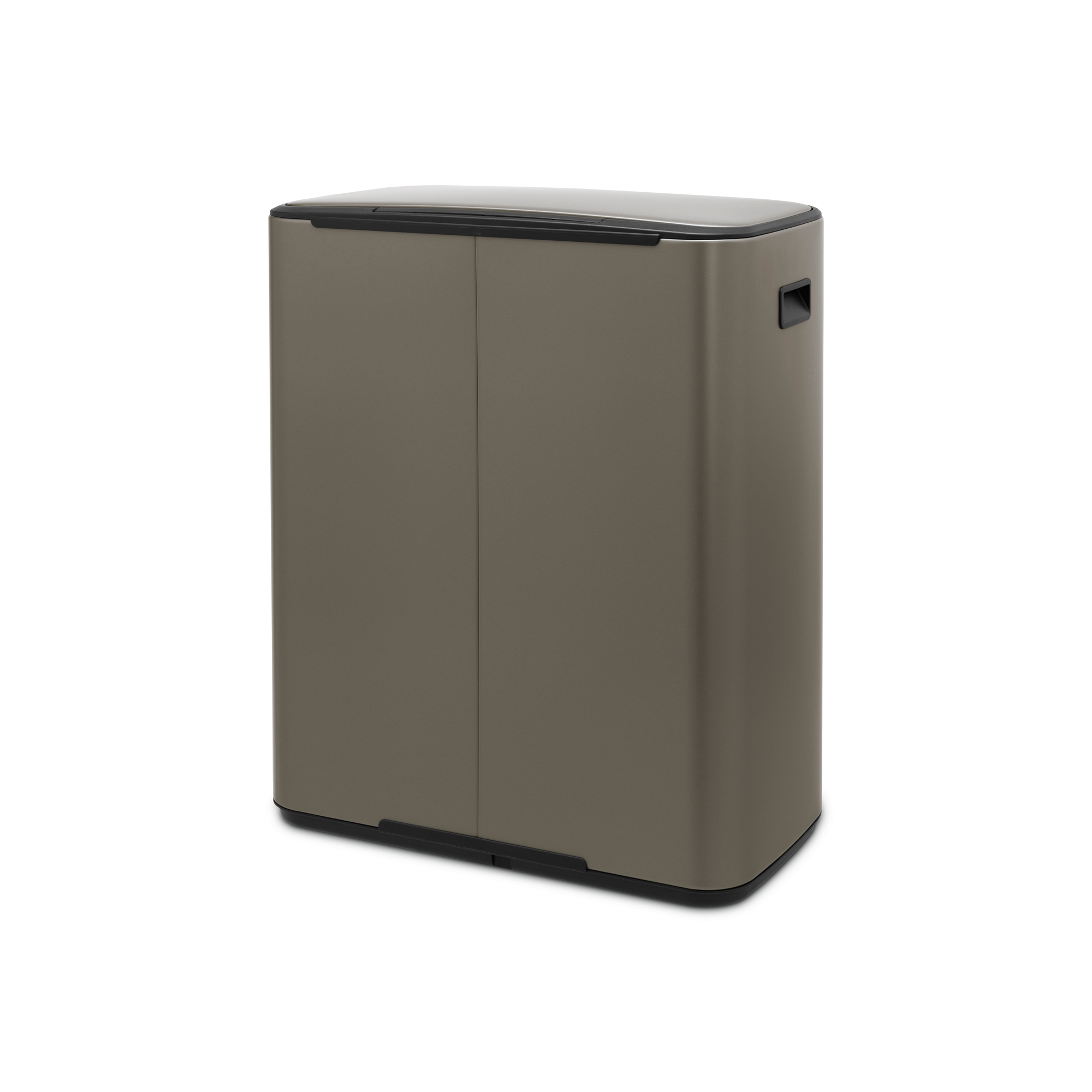 A rectangular, taupe-colored trash can with a black lid and handle.