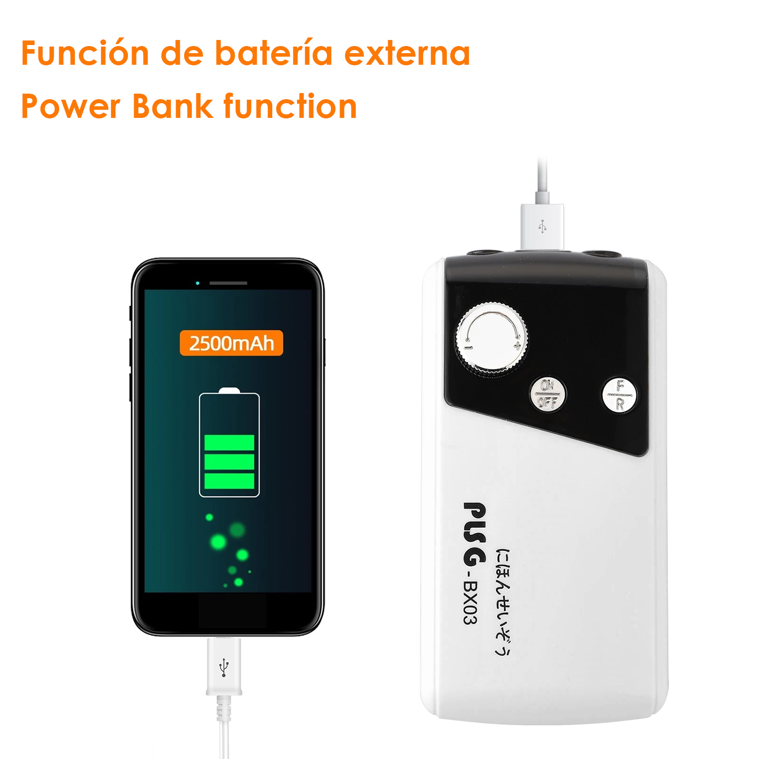 Uno smartphone è collegato a un power bank bianco.