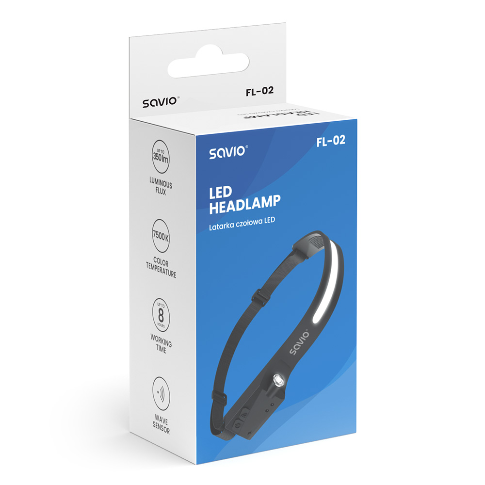 Opakowanie latarki czołowej LED Savio, z danymi o strumieniu świetlnym, temperaturze barwowej i czasie pracy.