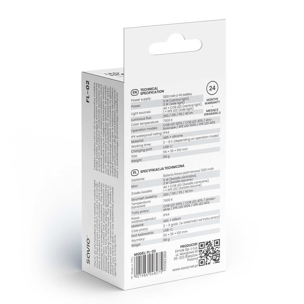 Opakowanie modelu latarki czołowej LED z danymi technicznymi.