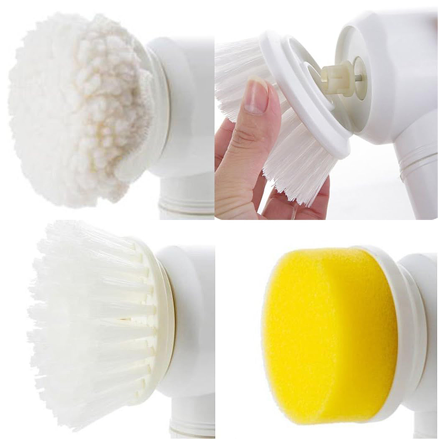 Cuatro accesorios para un cepillo eléctrico: esponjoso, dos cepillos, esponja.