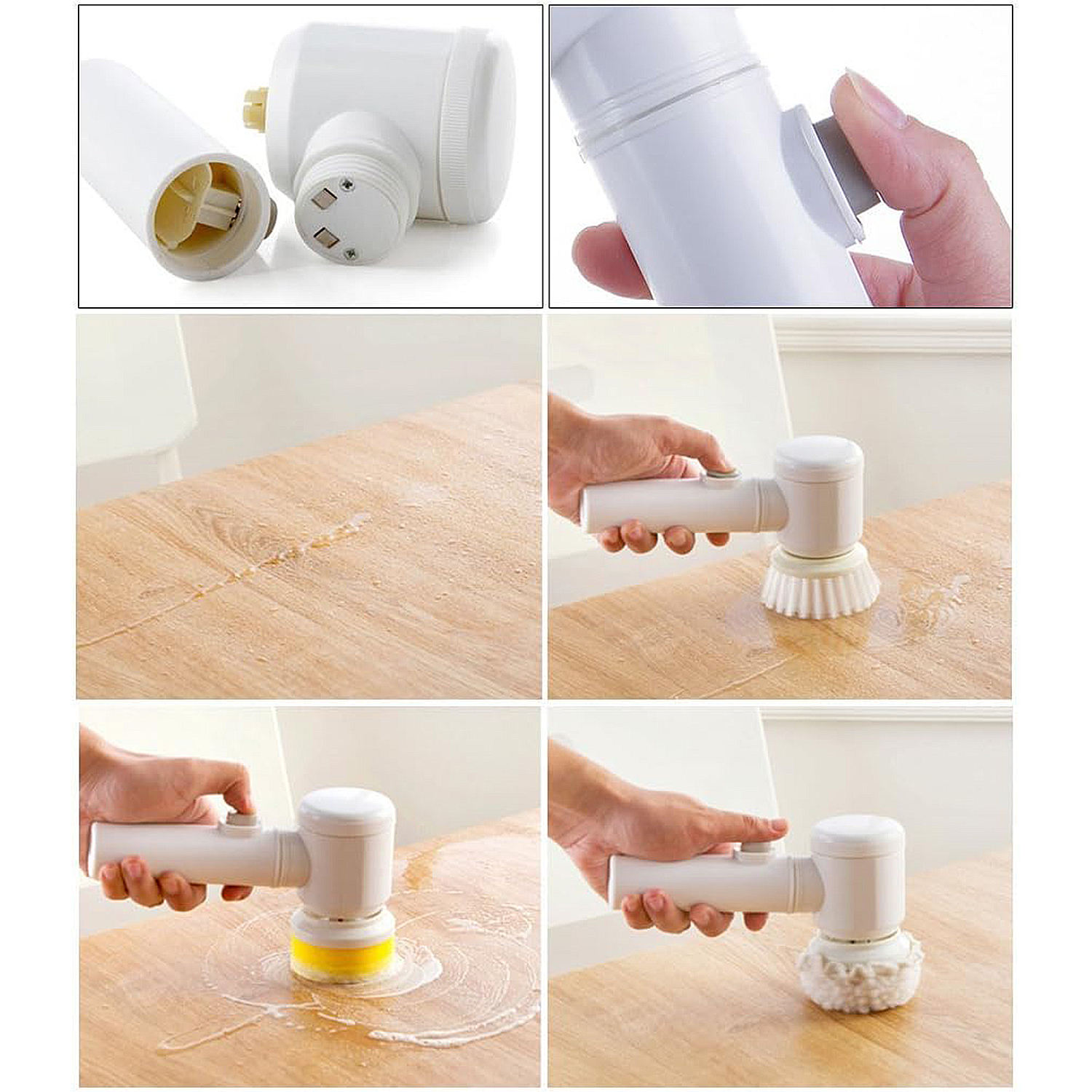 Cepillo limpiador eléctrico blanco con cabezales intercambiables en superficie madera.
