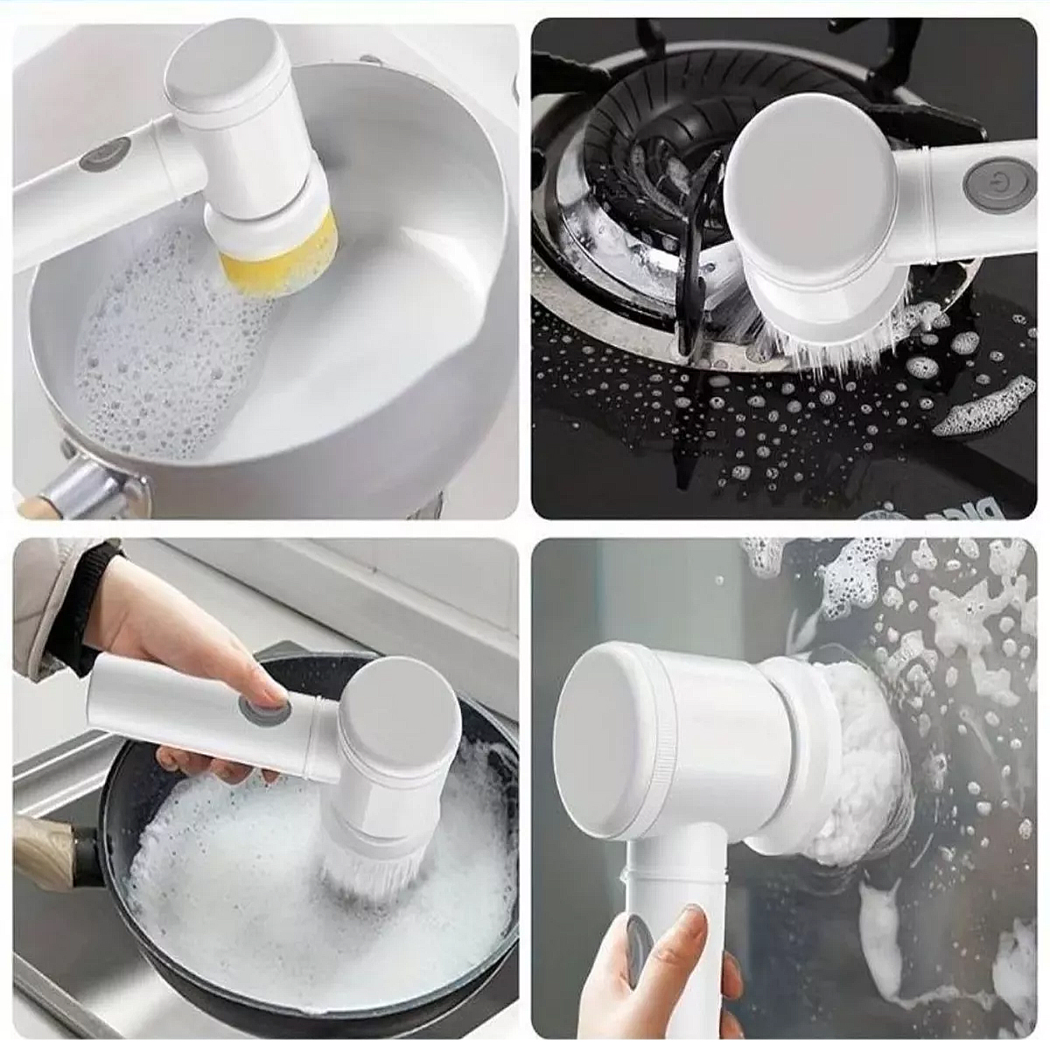 Cepillo eléctrico de limpieza frota olla, estufa y sartén con espuma.