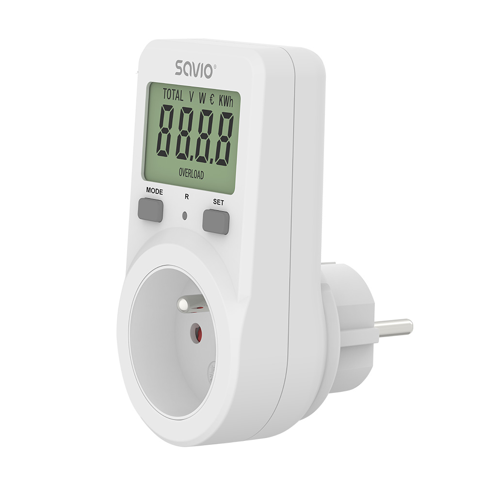 Biały miernik mocy z cyfrowym wyświetlaczem i gniazdem.