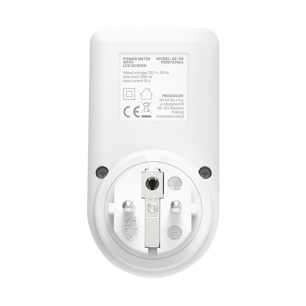 Biały adapter miernika mocy ze znakiem CE i szczegółami technicznymi.