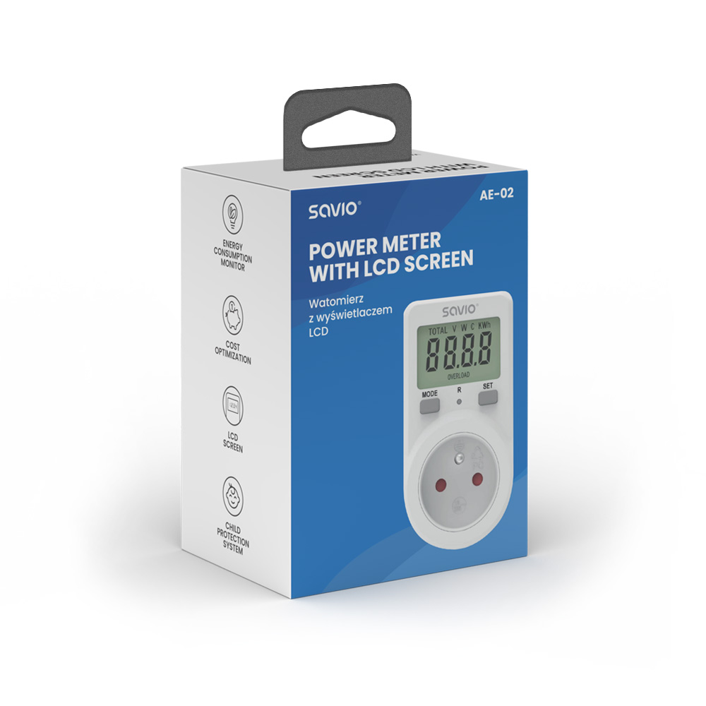 Opakowanie miernika mocy z ekranem LCD i gniazdem elektrycznym.
