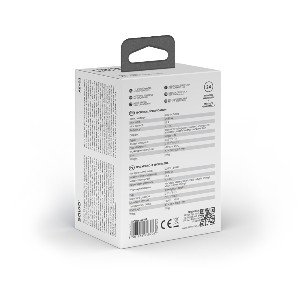 Miernik energii z LCD, specyfikacją techniczną i informacją o gwarancji.