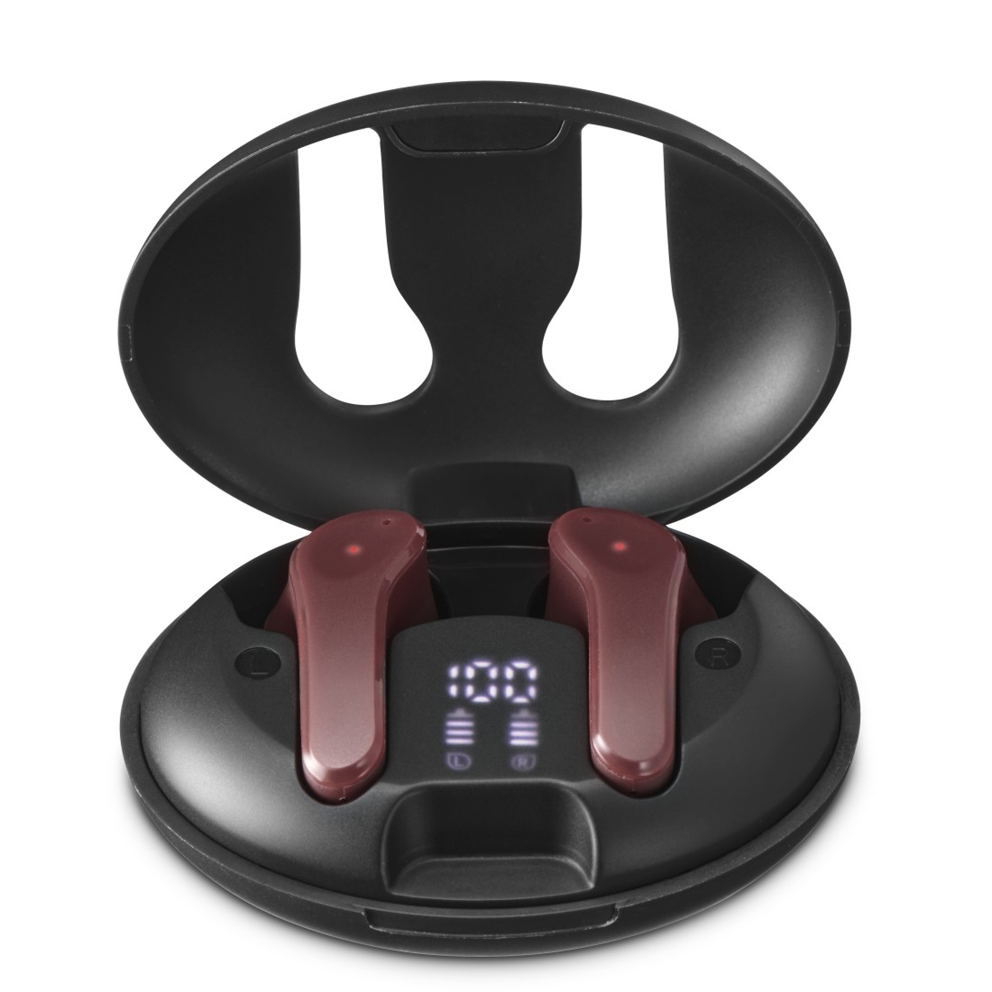 Un paio di auricolari wireless rossi in una custodia di ricarica con display digitale.