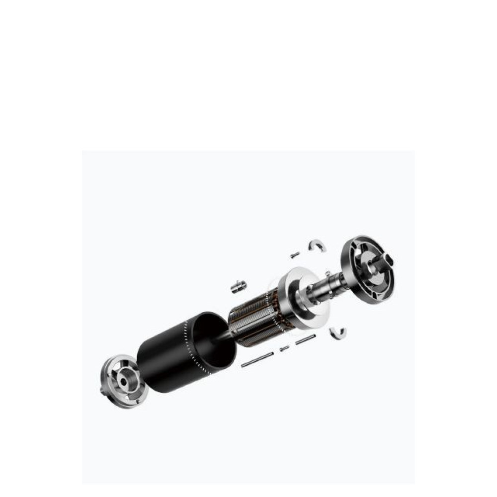 Widok rozstrzelony silnika elektrycznego pokazujący wirnik, stojan i części łożysk.