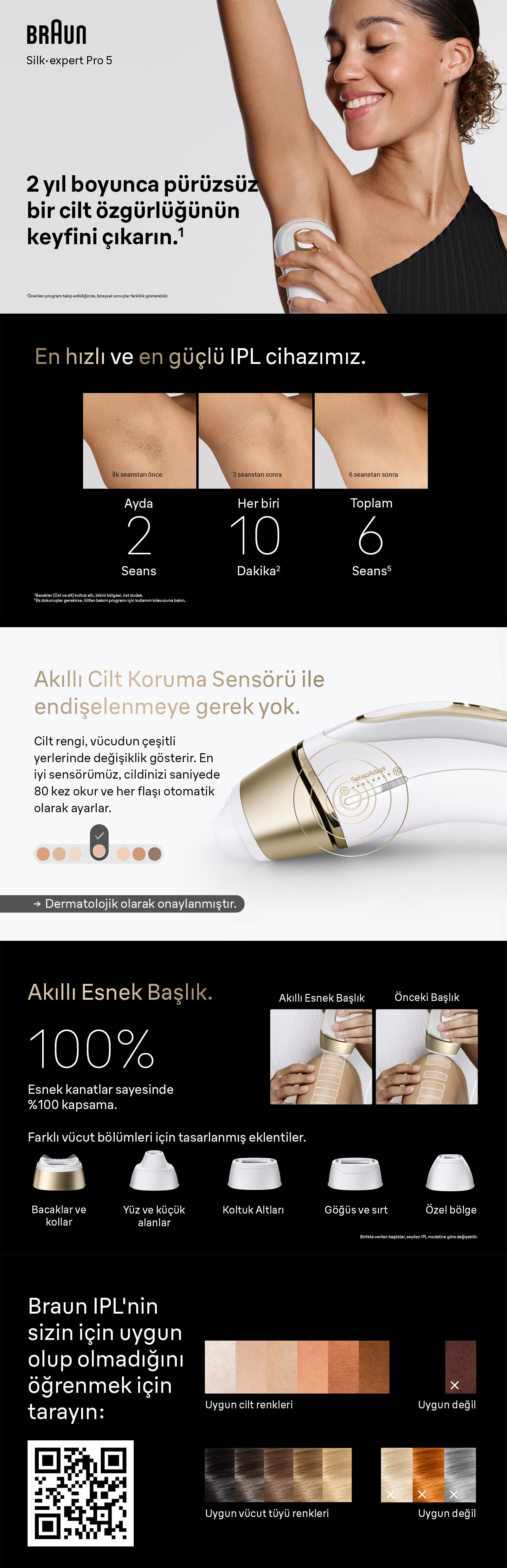 Braun Silk-expert Pro 5 IPL cihazı, kadın kolu ve metin içerir.