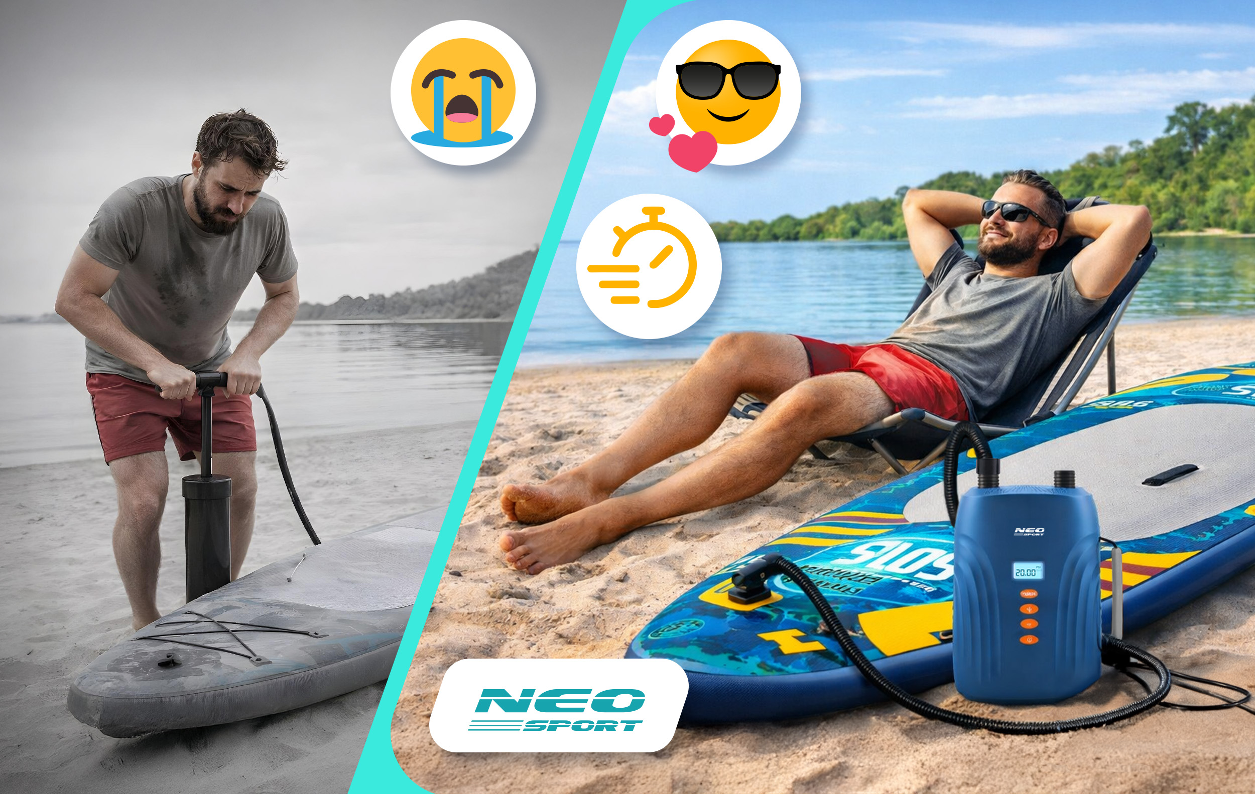 Mężczyzna pompuje deskę SUP; inny mężczyzna relaksuje się na plaży z deską i pompą.