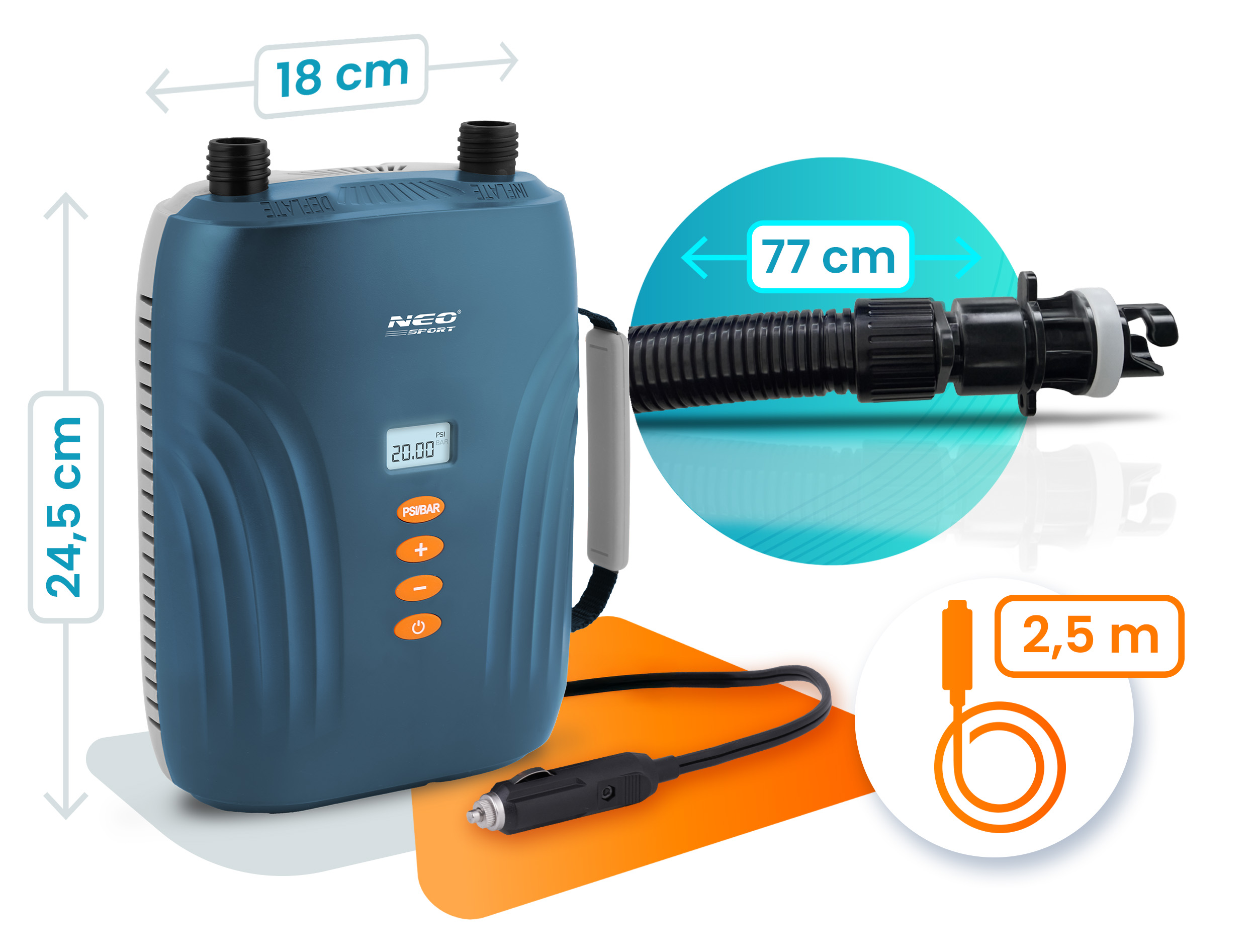 Niebieski kompresor powietrza z wężem, kablem i cyfrowymi pomiarami. 24,5 cm.
