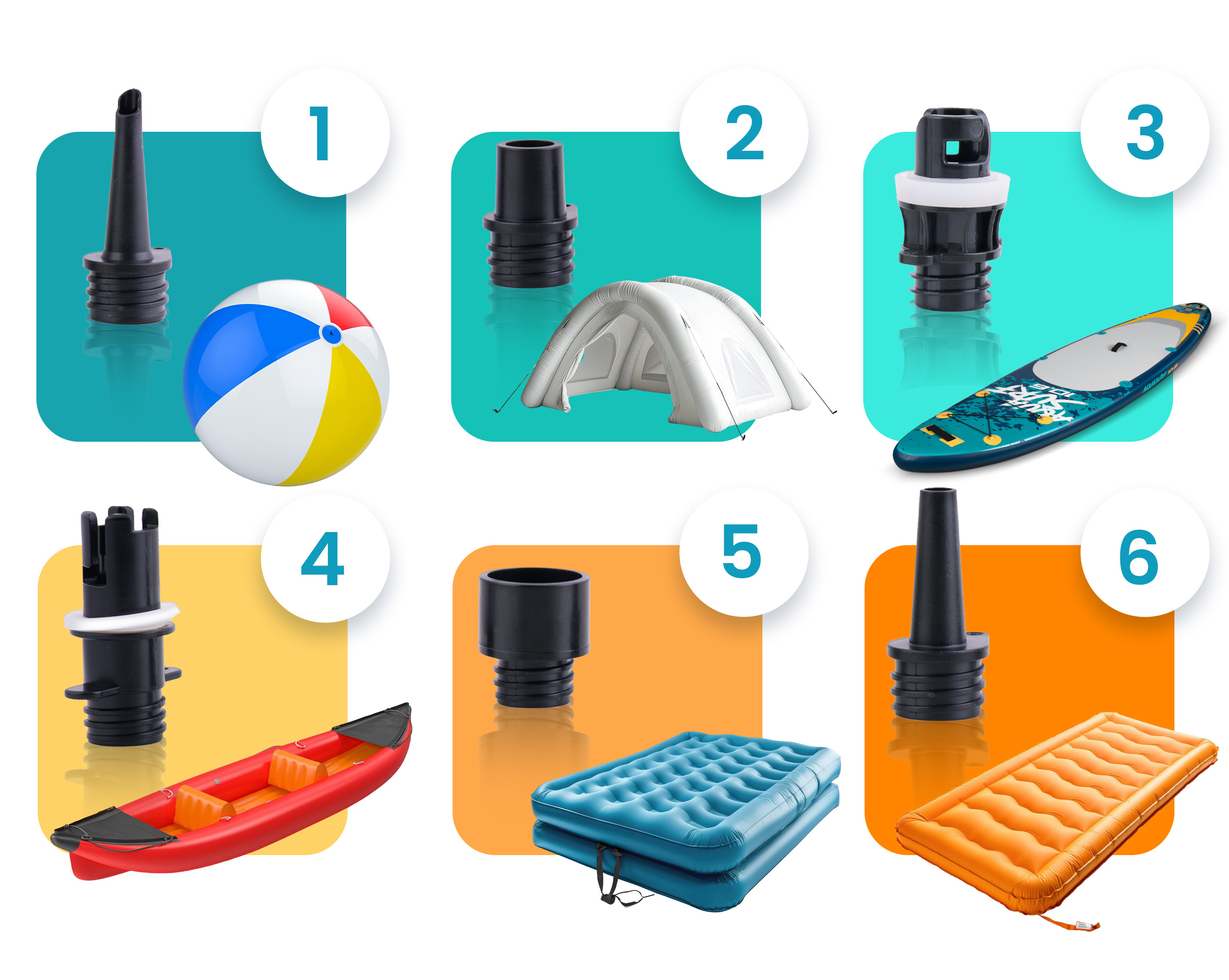 Namiot dmuchany, deska SUP, kajak, materace dmuchane, piłka i adaptery.
